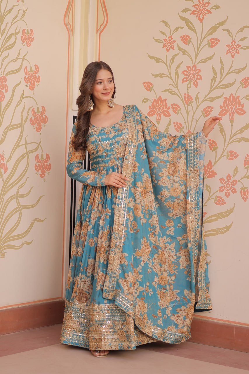 Sky Blue Elegant Russian Silk Digital Print Gown with Embroidered Sequins Work & Dupatta