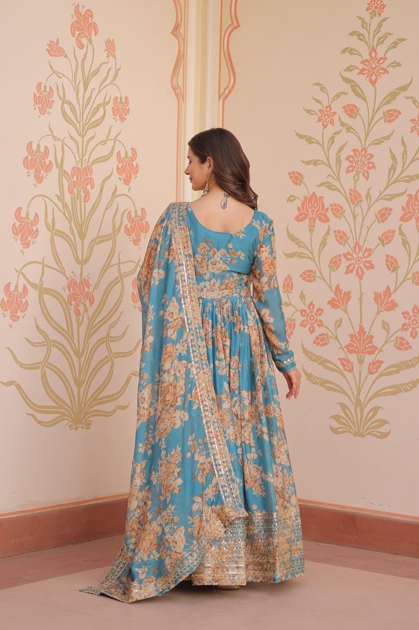 Sky Blue Elegant Russian Silk Digital Print Gown with Embroidered Sequins Work & Dupatta