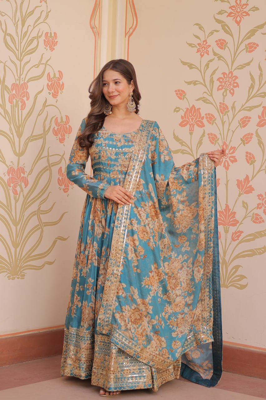 Sky Blue Elegant Russian Silk Digital Print Gown with Embroidered Sequins Work & Dupatta