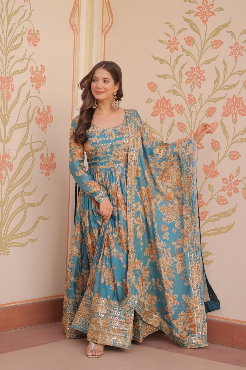 Sky Blue Elegant Russian Silk Digital Print Gown with Embroidered Sequins Work & Dupatta