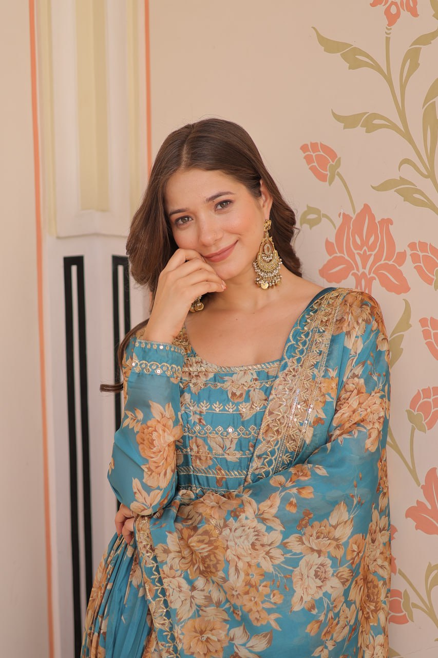 Sky Blue Elegant Russian Silk Digital Print Gown with Embroidered Sequins Work & Dupatta