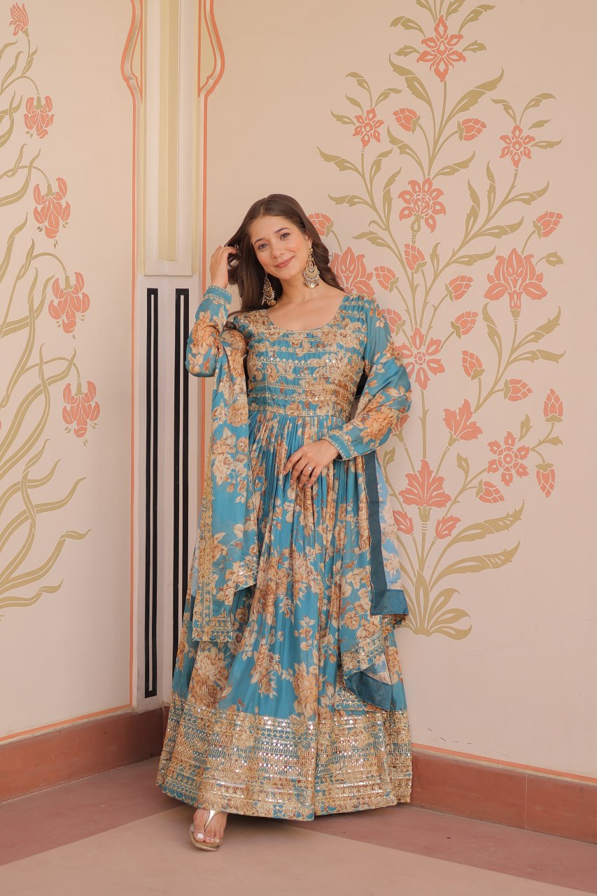 Sky Blue Elegant Russian Silk Digital Print Gown with Embroidered Sequins Work & Dupatta