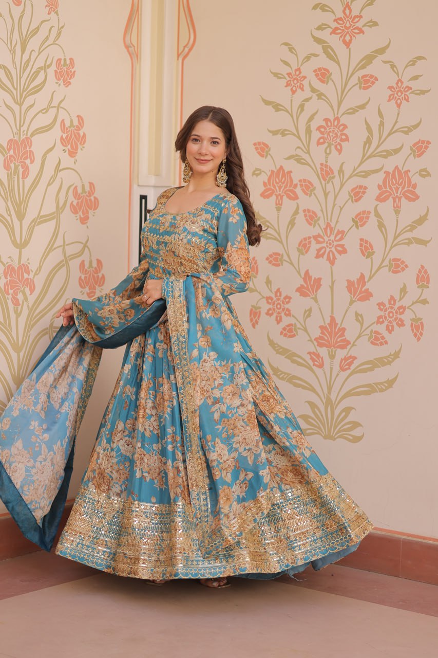 Sky Blue Elegant Russian Silk Digital Print Gown with Embroidered Sequins Work & Dupatta