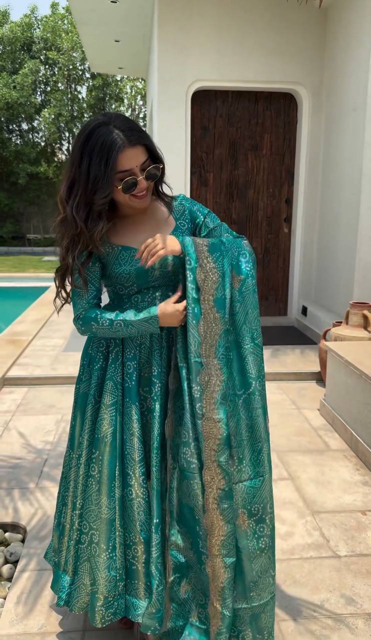 Sky Blue Elegant Two-Tone Banarasi Silk Anarkali Gown with Dupatta Perfect for Festivals & Party Wear