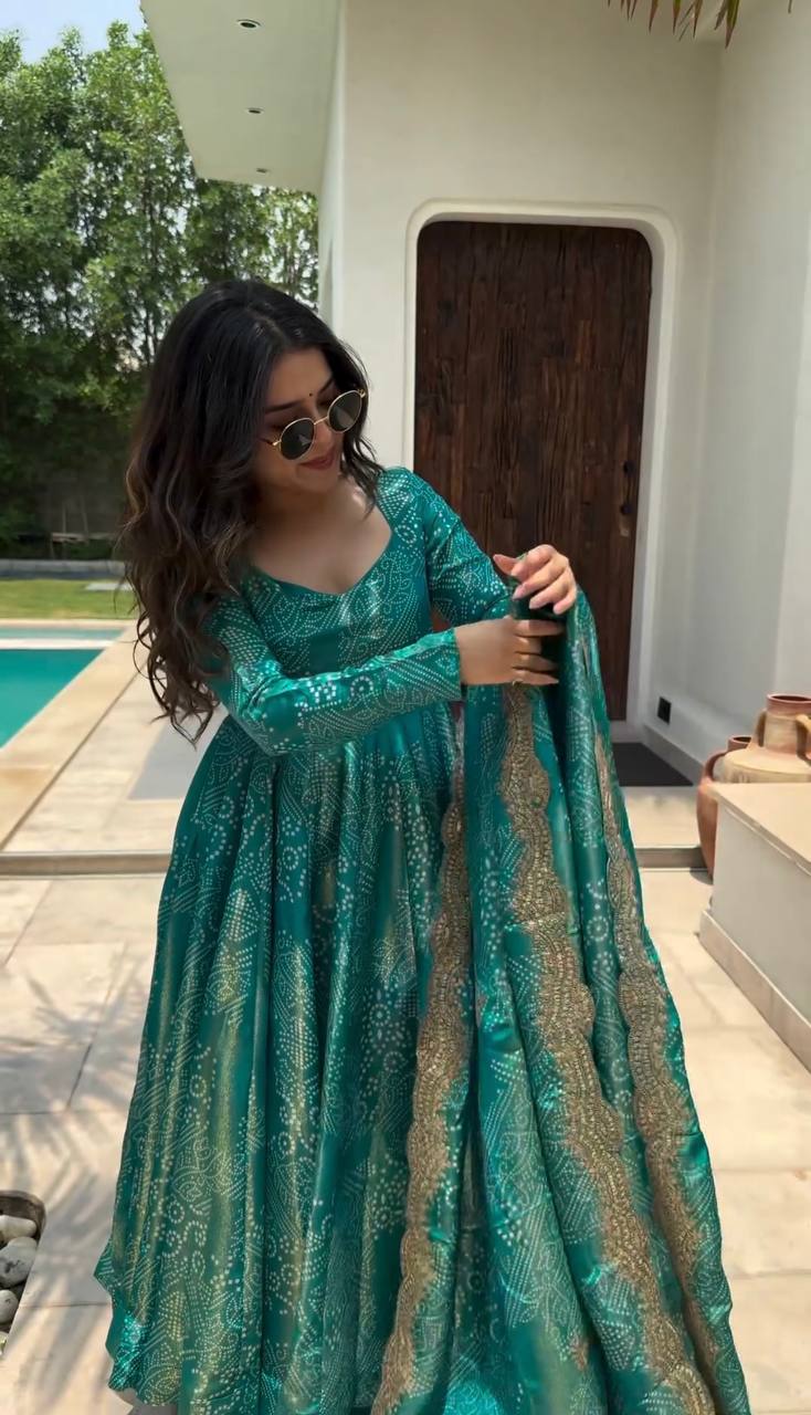 Sky Blue Elegant Two-Tone Banarasi Silk Anarkali Gown with Dupatta Perfect for Festivals & Party Wear