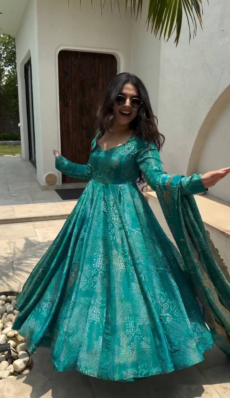 Sky Blue Elegant Two-Tone Banarasi Silk Anarkali Gown with Dupatta Perfect for Festivals & Party Wear