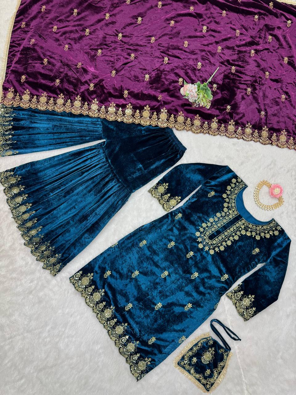 Blue Elegant Viscose Velvet Embroidered Sharara Set