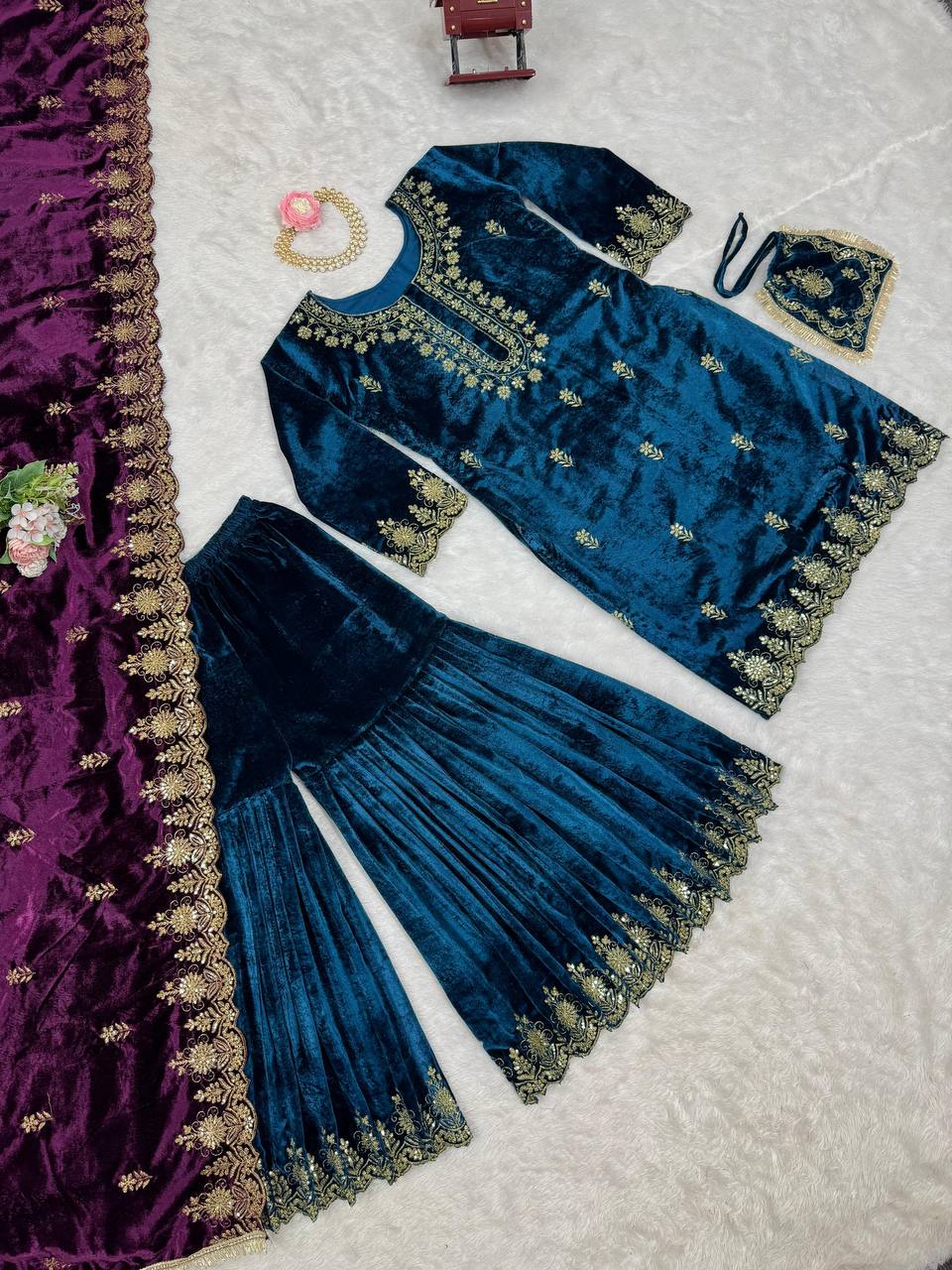Blue Elegant Viscose Velvet Embroidered Sharara Set