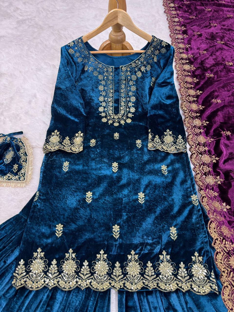 Blue Elegant Viscose Velvet Embroidered Sharara Set