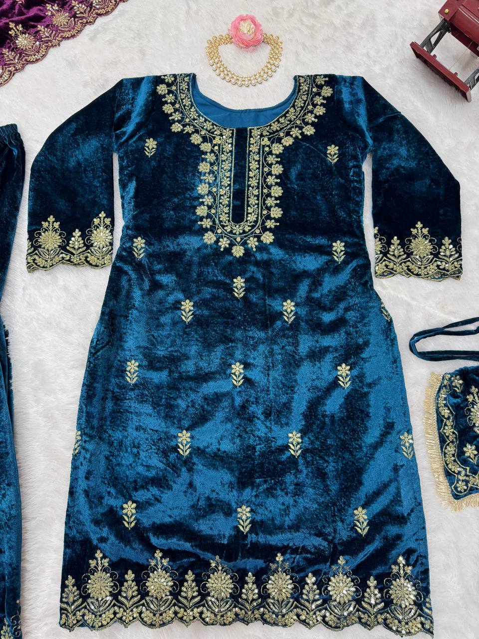 Blue Elegant Viscose Velvet Embroidered Sharara Set