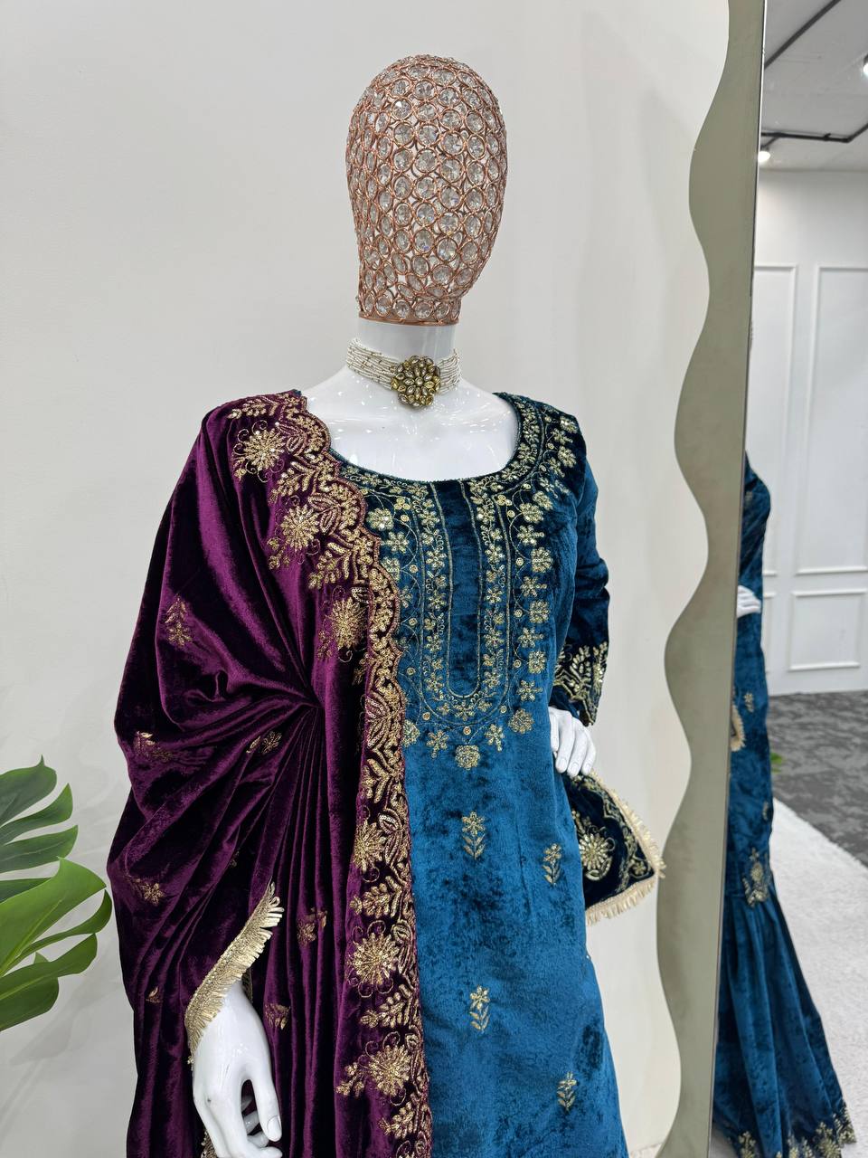 Blue Elegant Viscose Velvet Embroidered Sharara Set