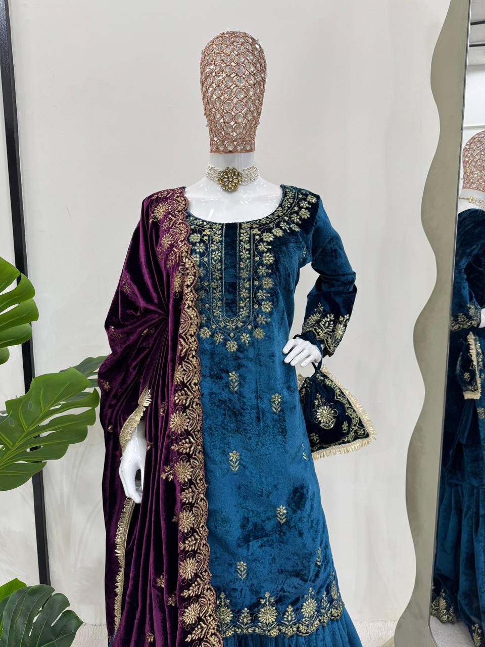 Blue Elegant Viscose Velvet Embroidered Sharara Set