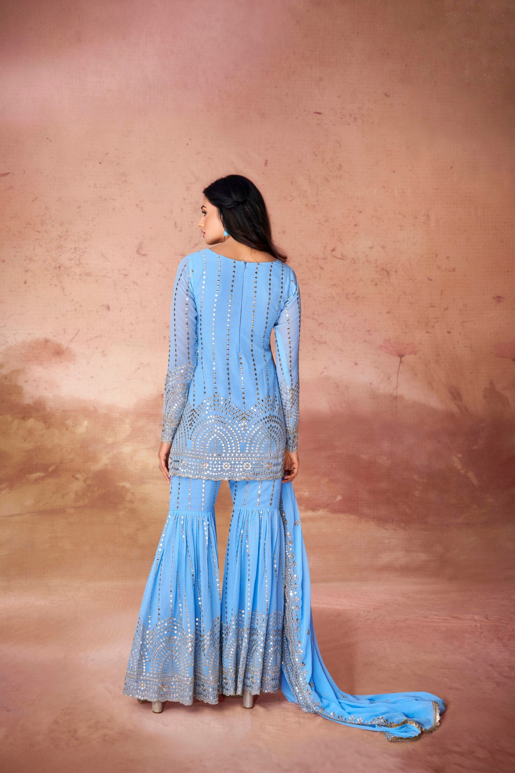 Sky Blue Embroidered Georgette Sharara Set with Sequin Work & Dupatta – Ready to Wear