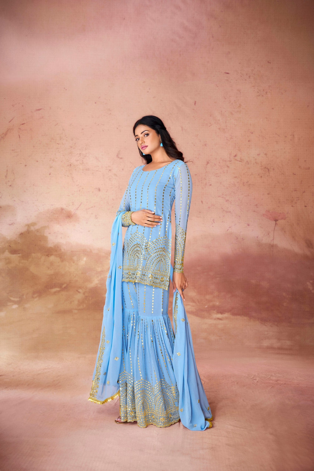 Sky Blue Embroidered Georgette Sharara Set with Sequin Work & Dupatta – Ready to Wear