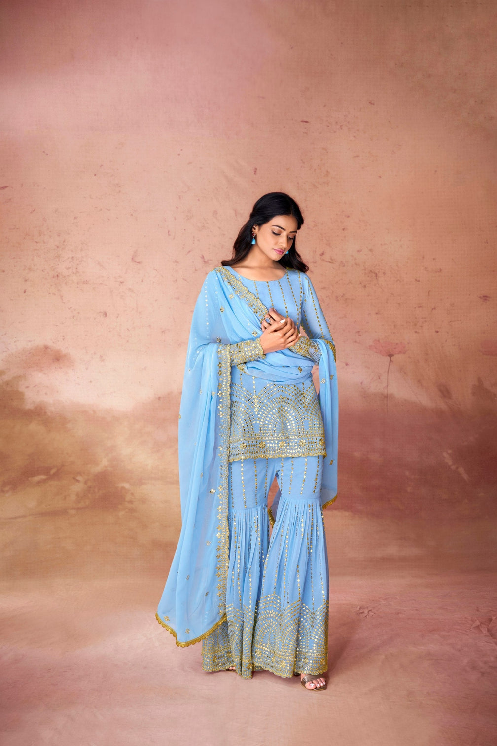Sky Blue Embroidered Georgette Sharara Set with Sequin Work & Dupatta – Ready to Wear
