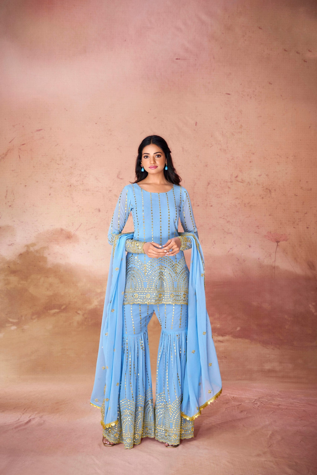 Sky Blue Embroidered Georgette Sharara Set with Sequin Work & Dupatta – Ready to Wear