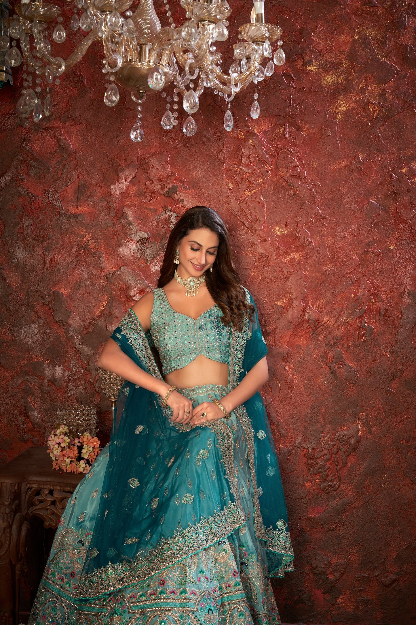 Sky Blue Embroidered Girlish Lehenga Choli Set