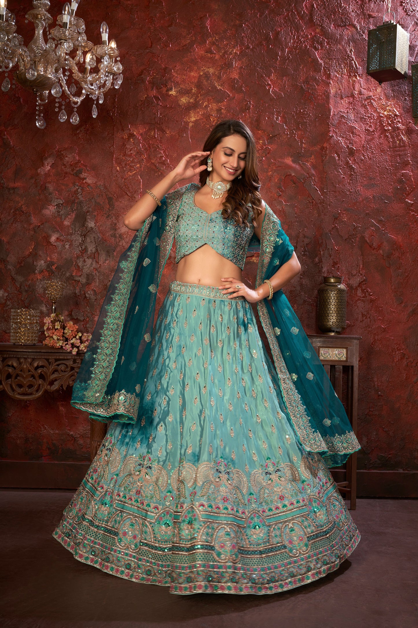 Sky Blue Embroidered Girlish Lehenga Choli Set