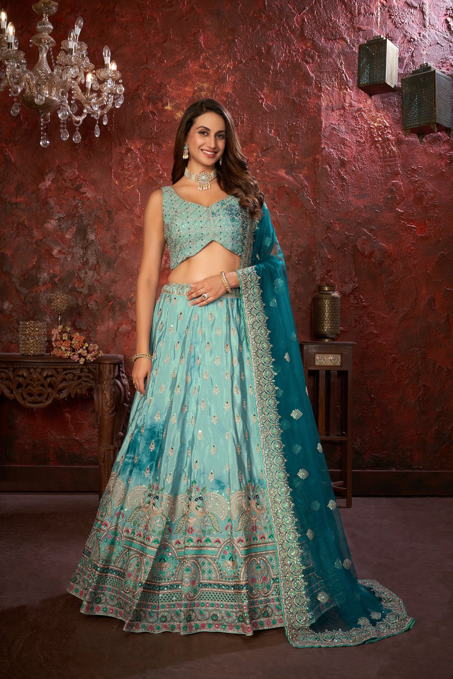 Sky Blue Embroidered Girlish Lehenga Choli Set