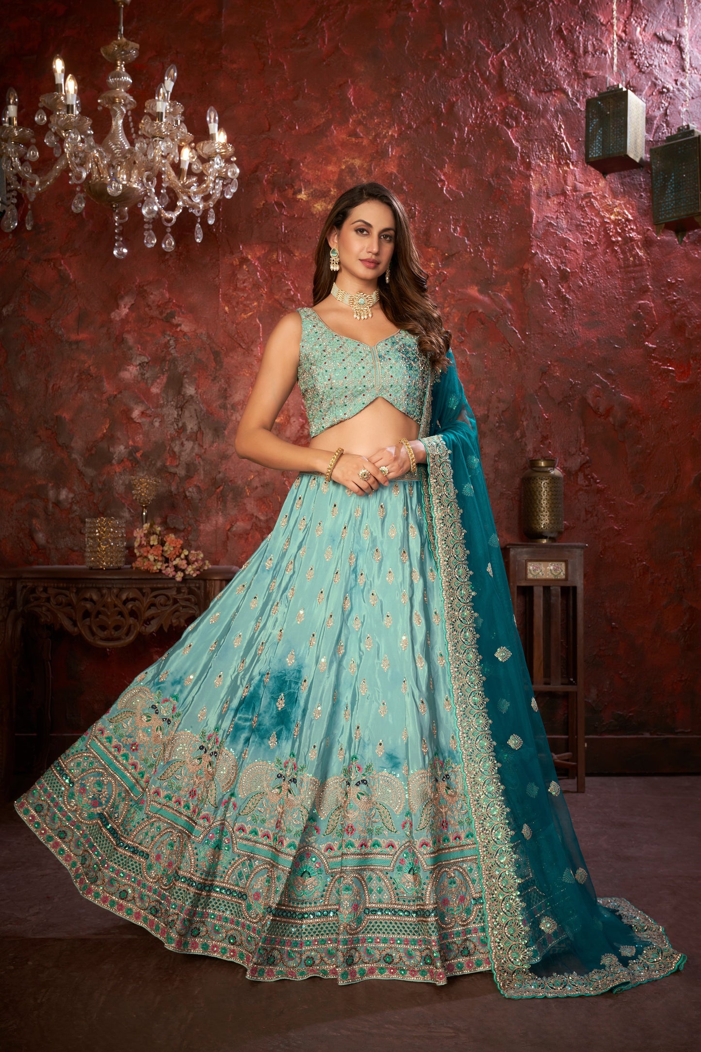 Sky Blue Embroidered Girlish Lehenga Choli Set