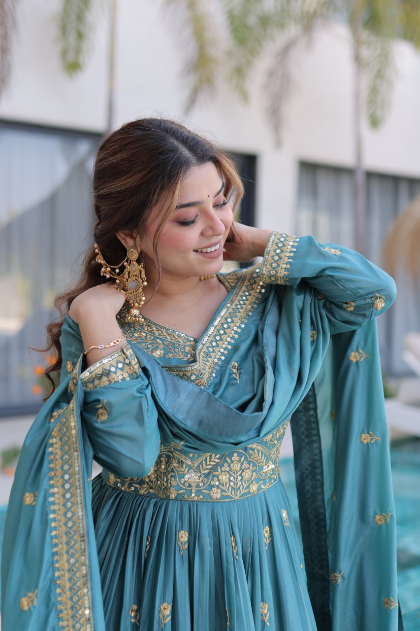 Sky Blue Embroidered Kurti Sharara Set