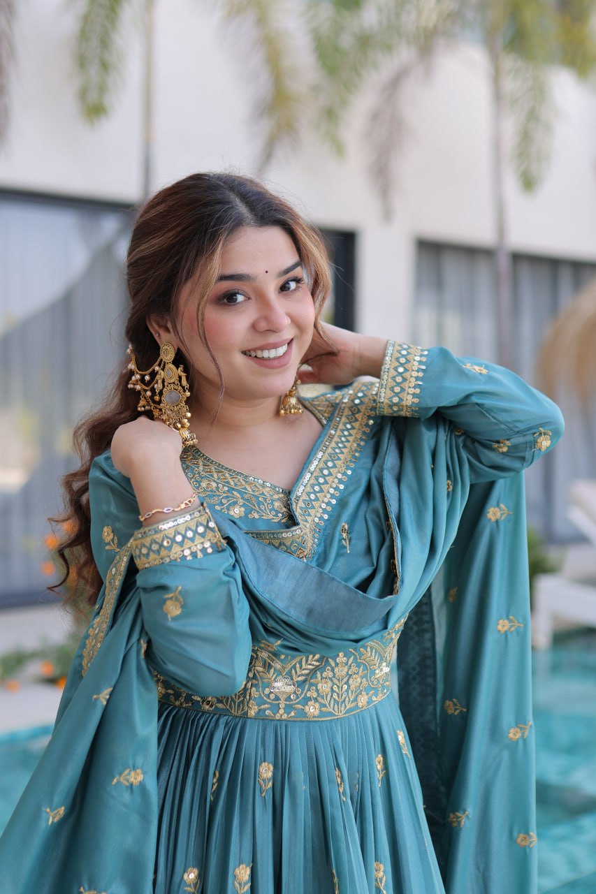 Sky Blue Embroidered Kurti Sharara Set