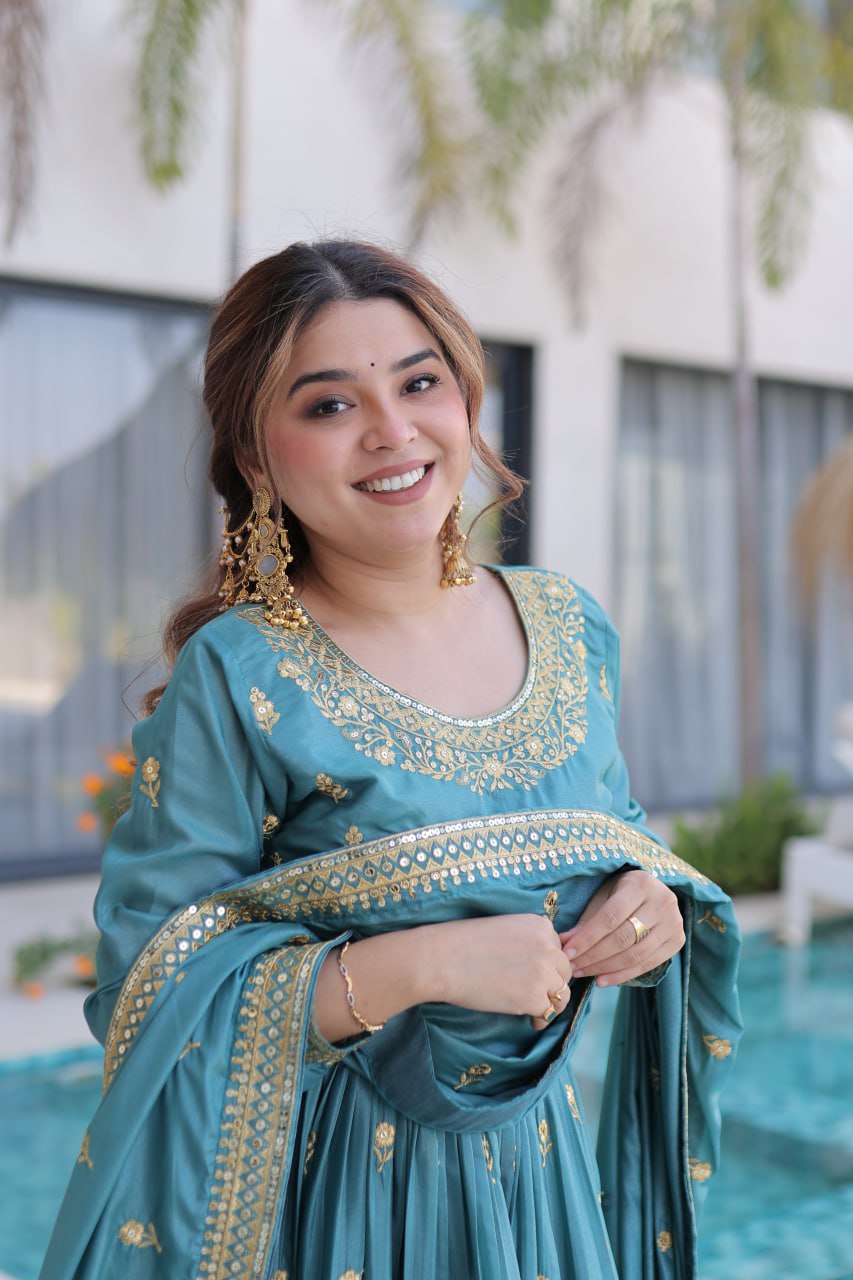 Sky Blue Embroidered Kurti Sharara Set
