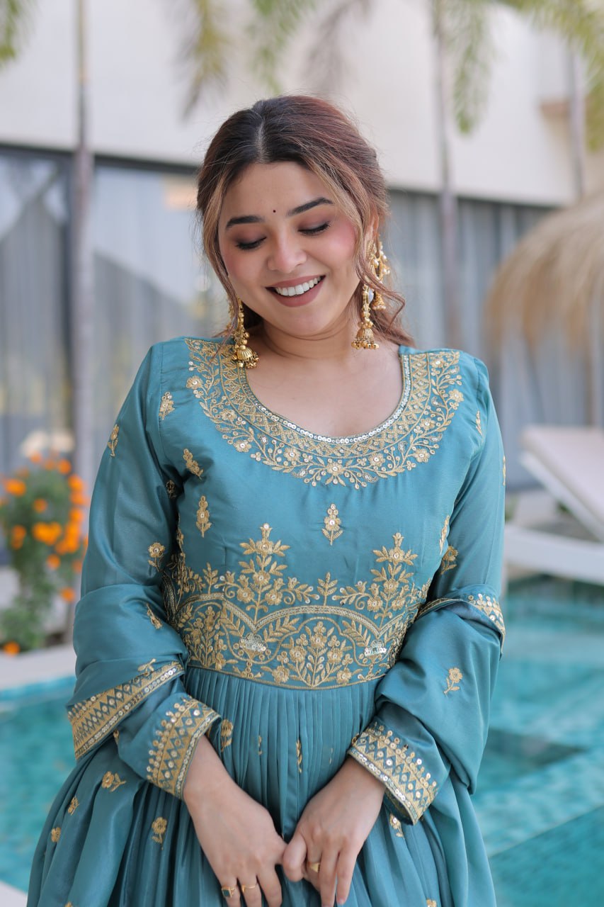 Sky Blue Embroidered Kurti Sharara Set