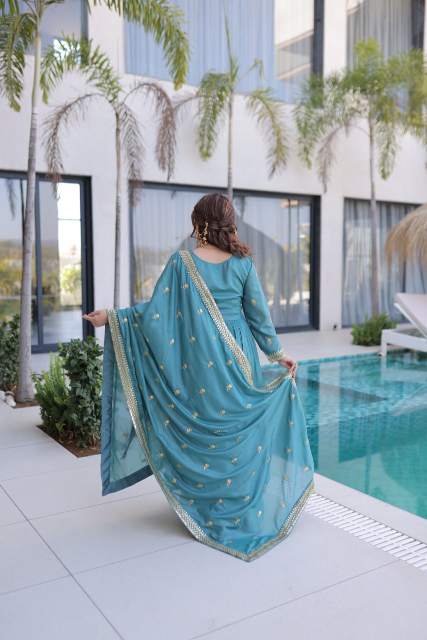 Sky Blue Embroidered Kurti Sharara Set