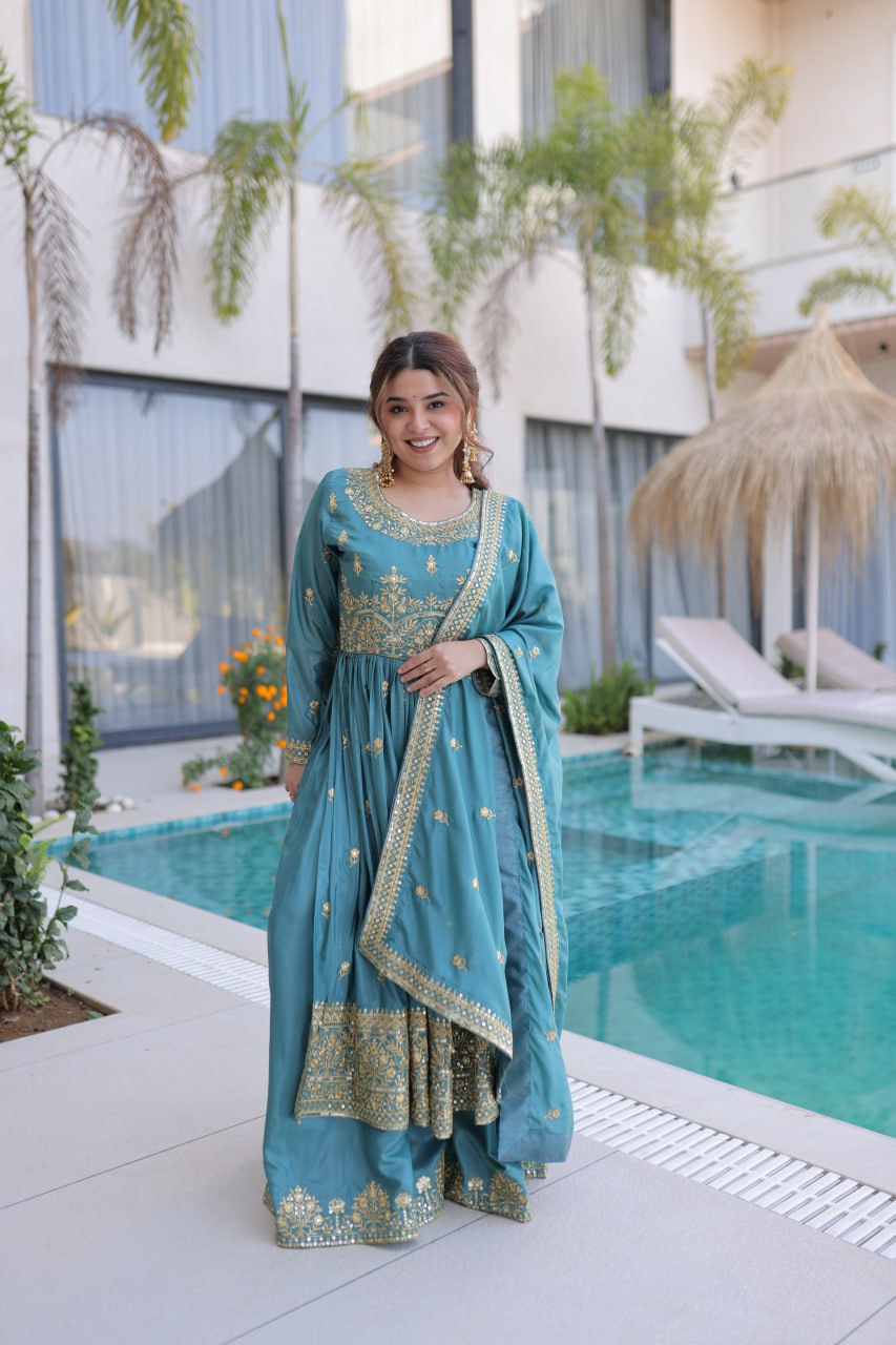 Sky Blue Embroidered Kurti Sharara Set