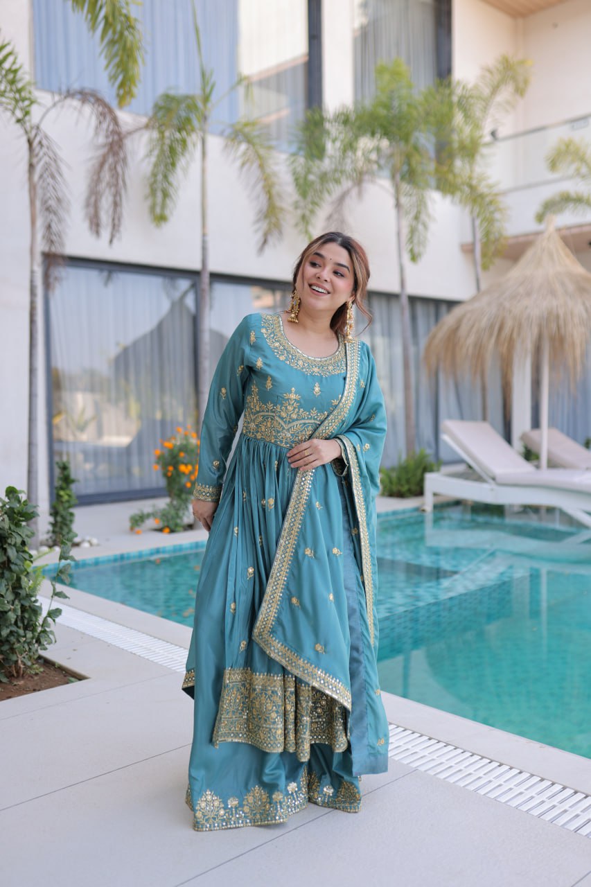 Sky Blue Embroidered Kurti Sharara Set