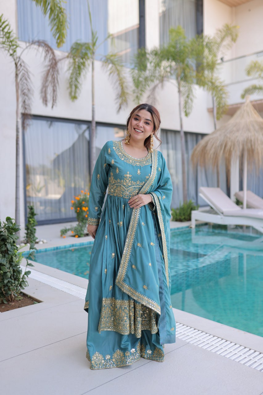 Sky Blue Embroidered Kurti Sharara Set