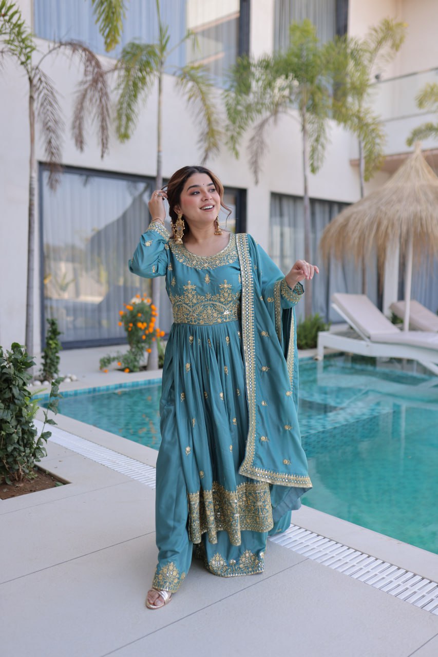 Sky Blue Embroidered Kurti Sharara Set