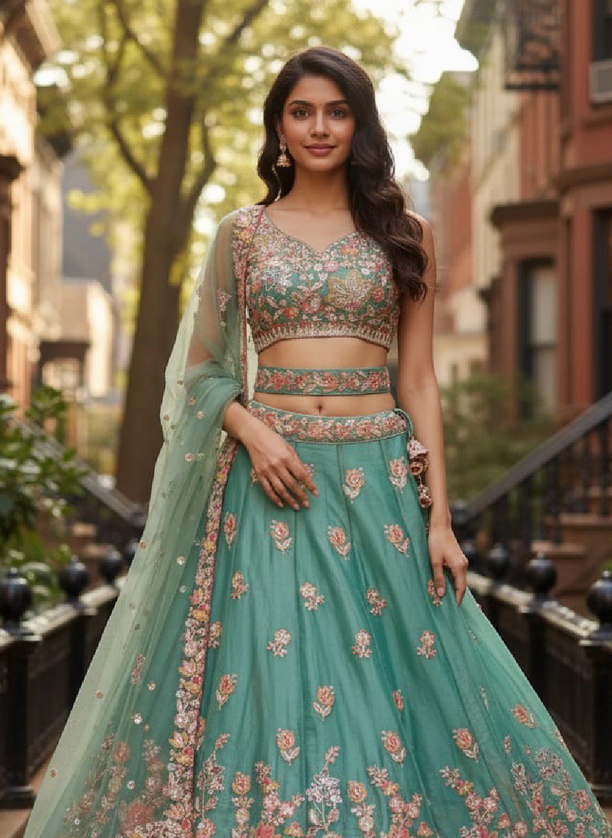 Sky Blue Embroidered Lehenga Set