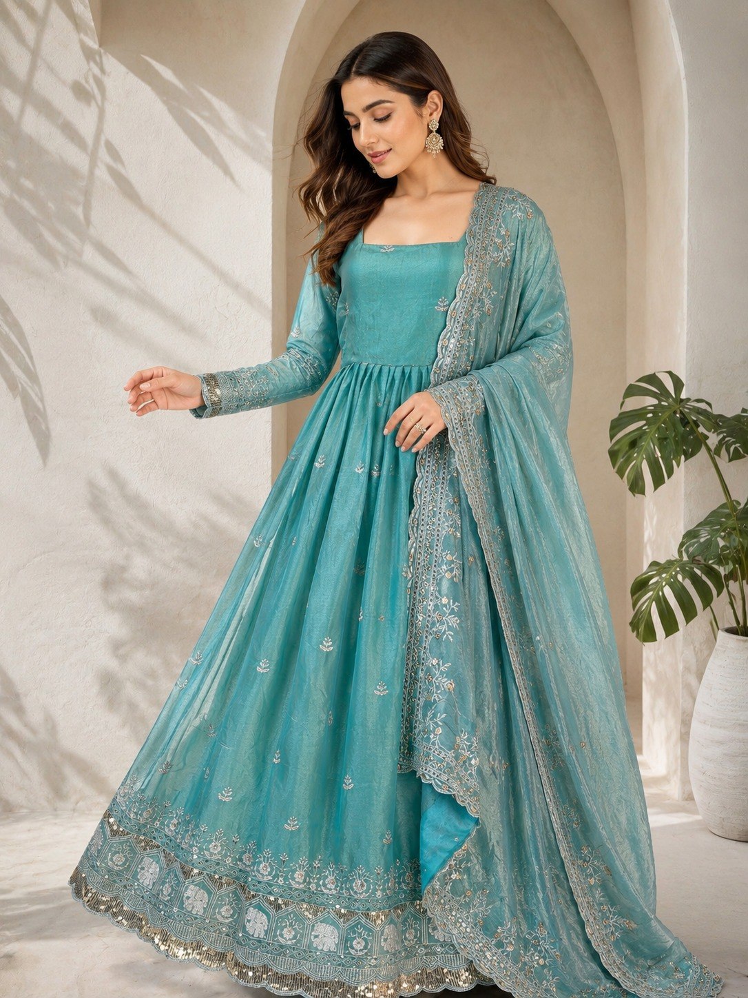 Sky Blue Fandy Satin Anarkali Gown