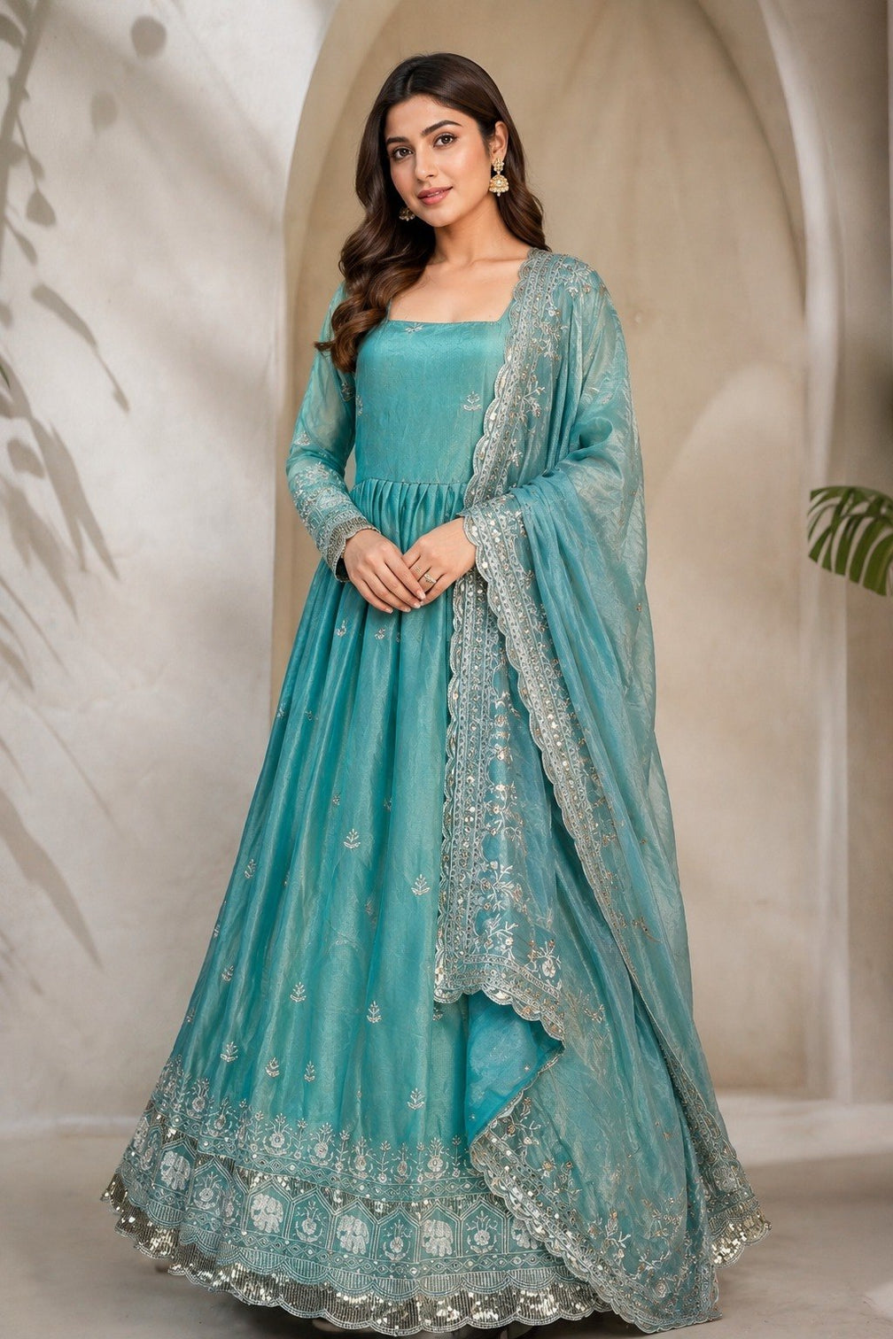 Sky Blue Fandy Satin Anarkali Gown