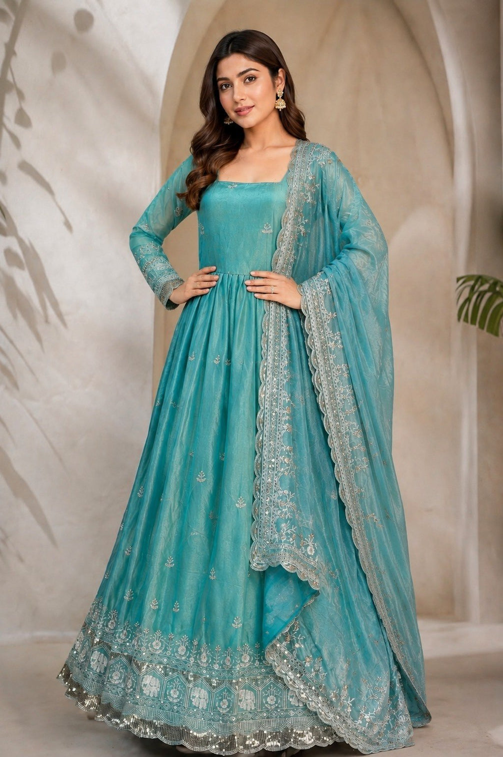 Sky Blue Fandy Satin Anarkali Gown