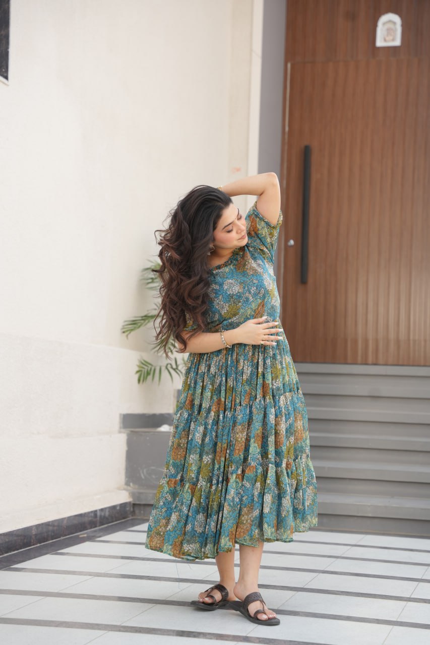 Dusty Blue  Faux Georgette Printed Gown with Fancy Neck Ethnic Wear