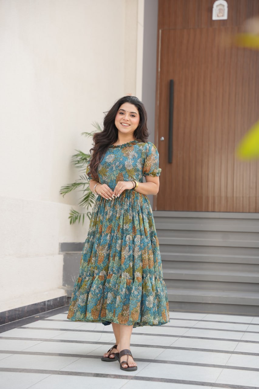 Dusty Blue  Faux Georgette Printed Gown with Fancy Neck Ethnic Wear