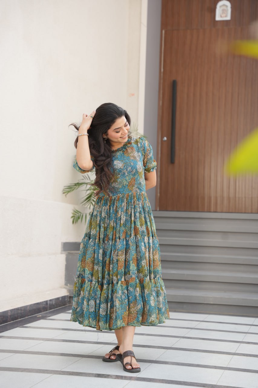 Dusty Blue  Faux Georgette Printed Gown with Fancy Neck Ethnic Wear