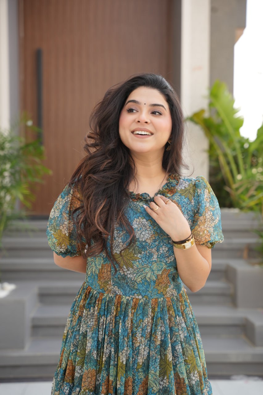 Dusty Blue  Faux Georgette Printed Gown with Fancy Neck Ethnic Wear