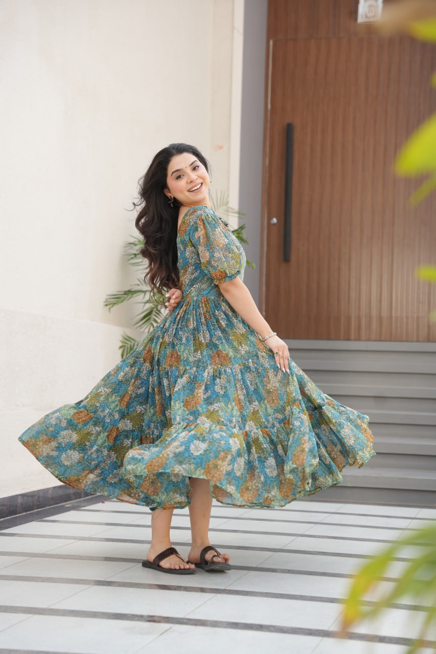 Dusty Blue  Faux Georgette Printed Gown with Fancy Neck Ethnic Wear