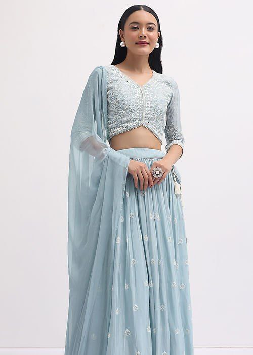 Sky Blue Faux Georgette Semi-Stitched Sequins Embroidered Lehenga with Canvas & Can-Can, Unstitched Sequins Blouse & Plain Georgette Dupatta