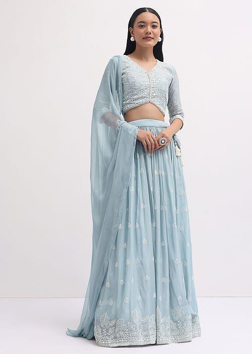 Sky Blue Faux Georgette Semi-Stitched Sequins Embroidered Lehenga with Canvas & Can-Can, Unstitched Sequins Blouse & Plain Georgette Dupatta