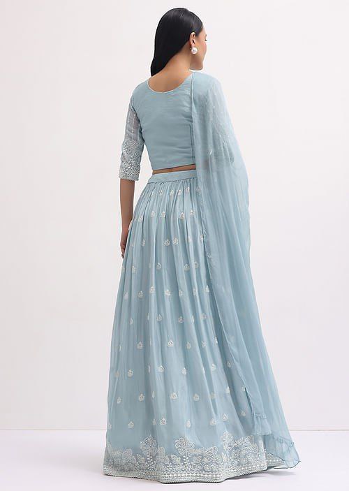 Sky Blue Faux Georgette Semi-Stitched Sequins Embroidered Lehenga with Canvas & Can-Can, Unstitched Sequins Blouse & Plain Georgette Dupatta