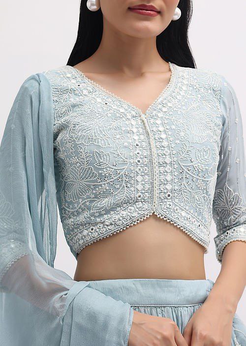 Sky Blue Faux Georgette Semi-Stitched Sequins Embroidered Lehenga with Canvas & Can-Can, Unstitched Sequins Blouse & Plain Georgette Dupatta