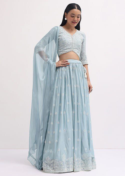 Sky Blue Faux Georgette Semi-Stitched Sequins Embroidered Lehenga with Canvas & Can-Can, Unstitched Sequins Blouse & Plain Georgette Dupatta