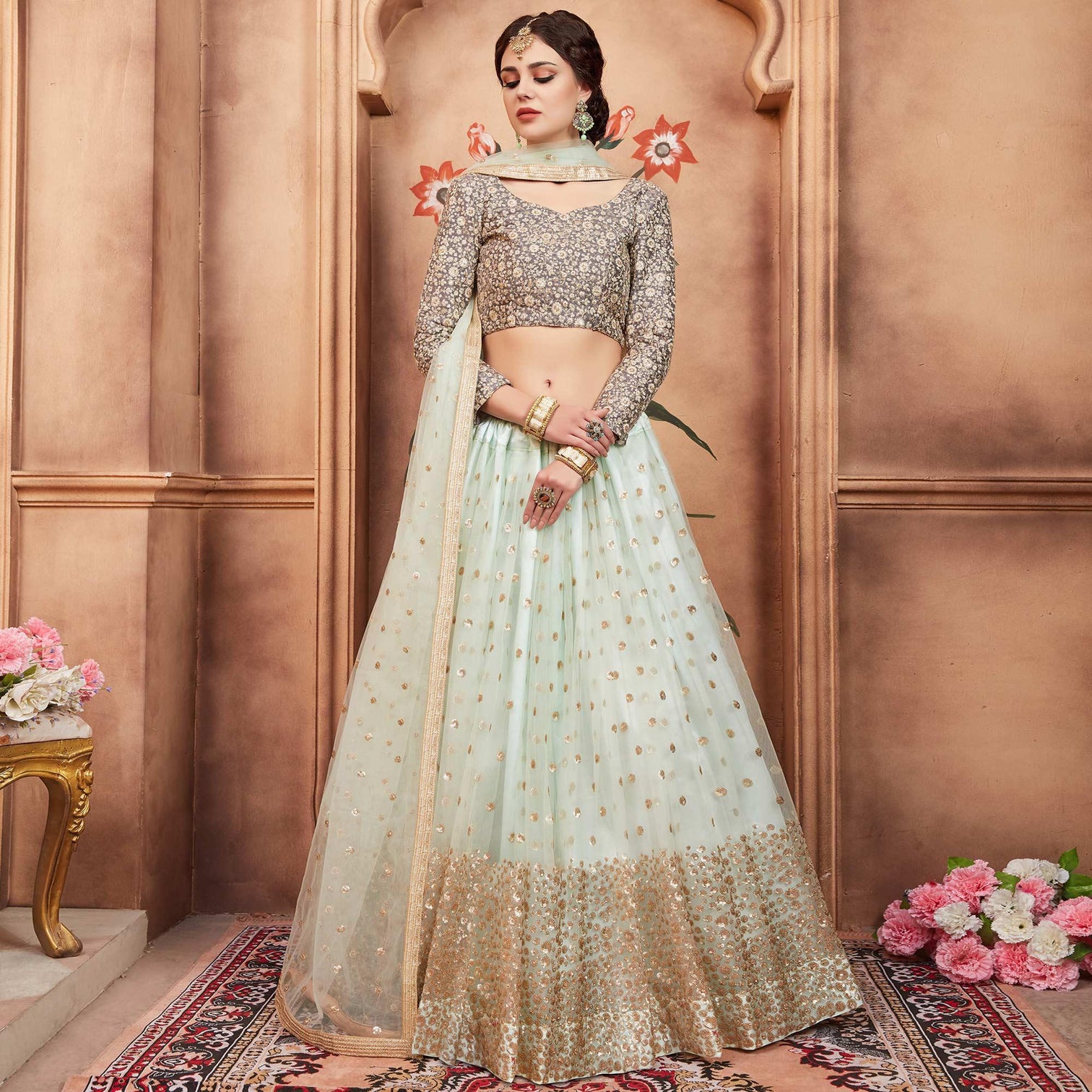 Sky Blue Festive Wear Sequins Thread Work Soft Net Lehenga Choli