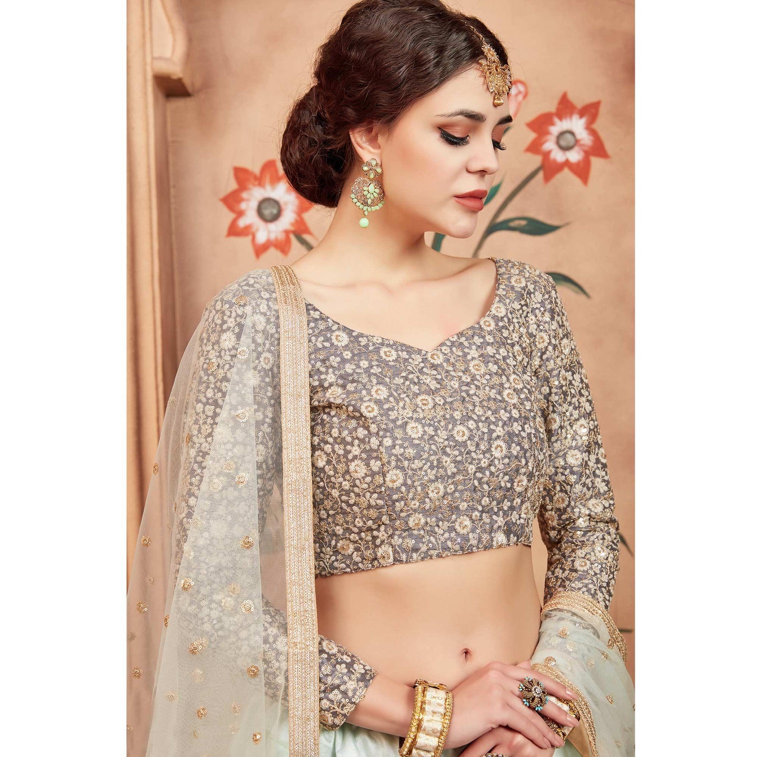 Sky Blue Festive Wear Sequins Thread Work Soft Net Lehenga Choli