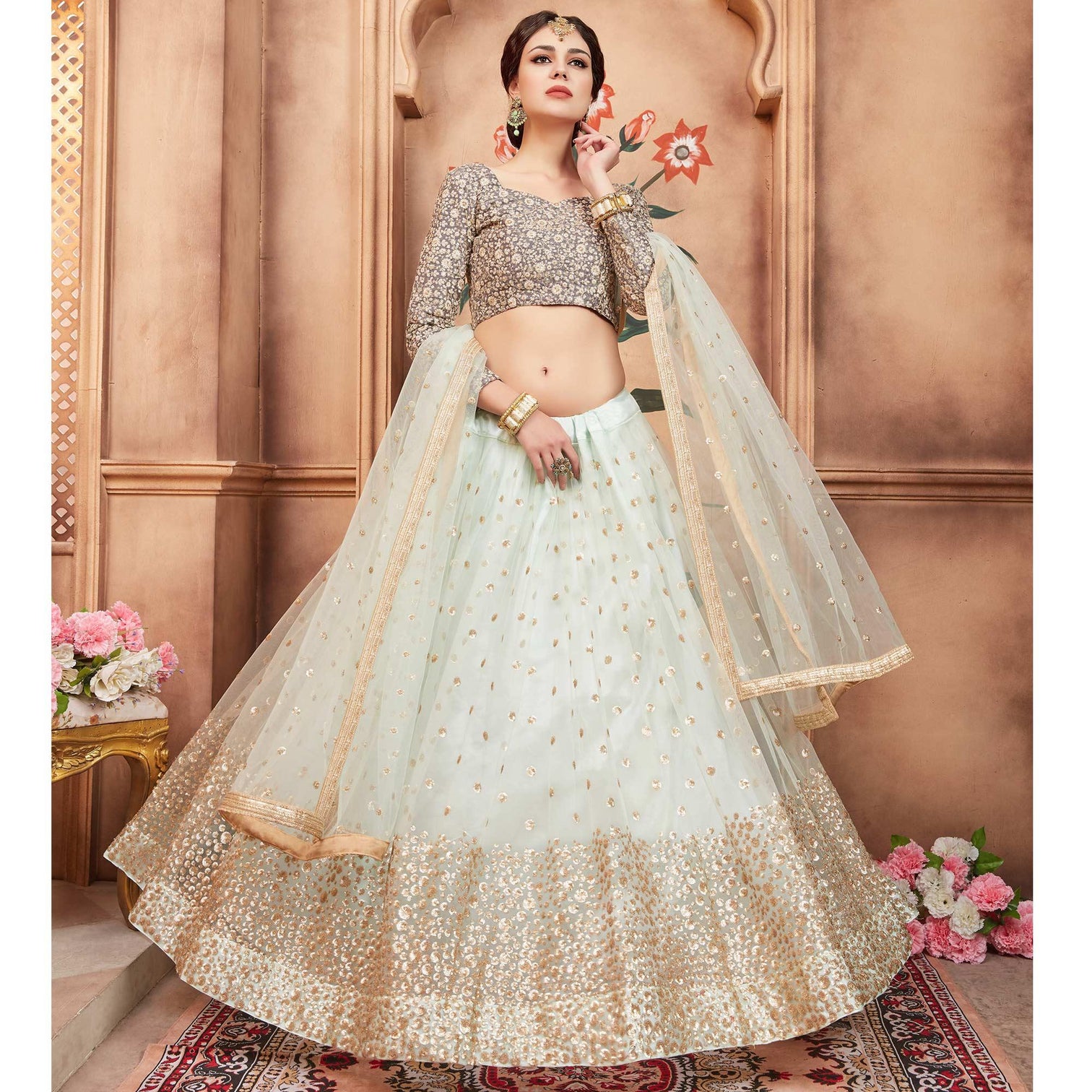 Sky Blue Festive Wear Sequins Thread Work Soft Net Lehenga Choli